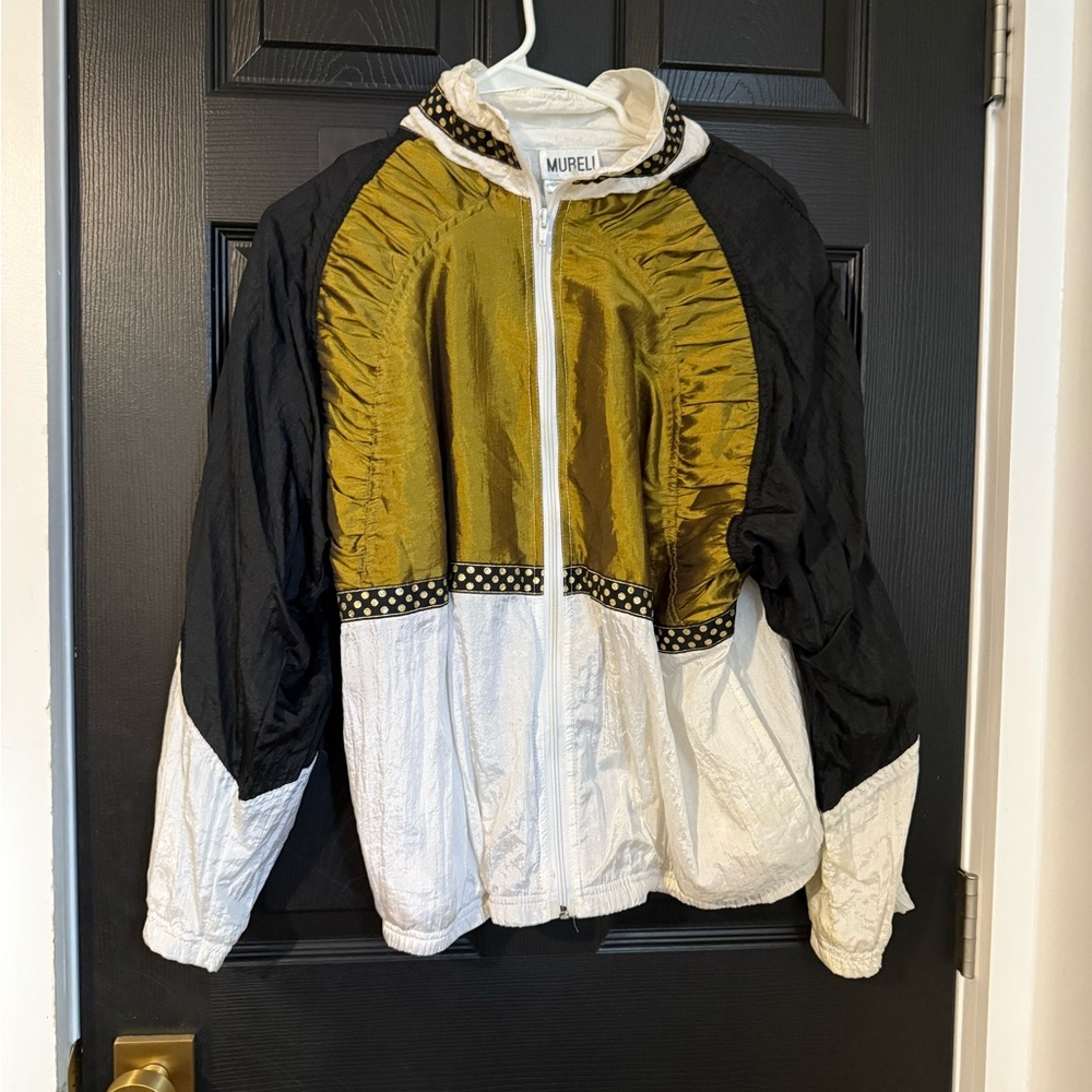 Mureli Women's Stylish Black, Gold, and White Vintage Windbreaker Jacket